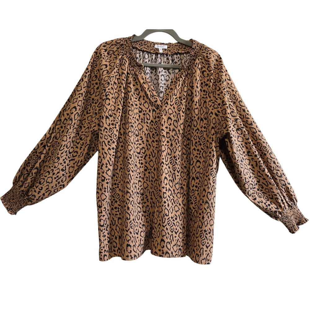 Maurices Women 1X Leopard Print Cotton Blouse Split Neck Smocked Balloon Sleeve